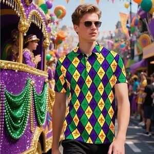 Men's Diamond-Pattern Polo Shirt in Green/Yellow/Purple in Large.